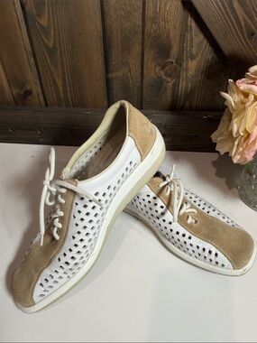 Rieker White and Beige Perforated Slip-On Loafers